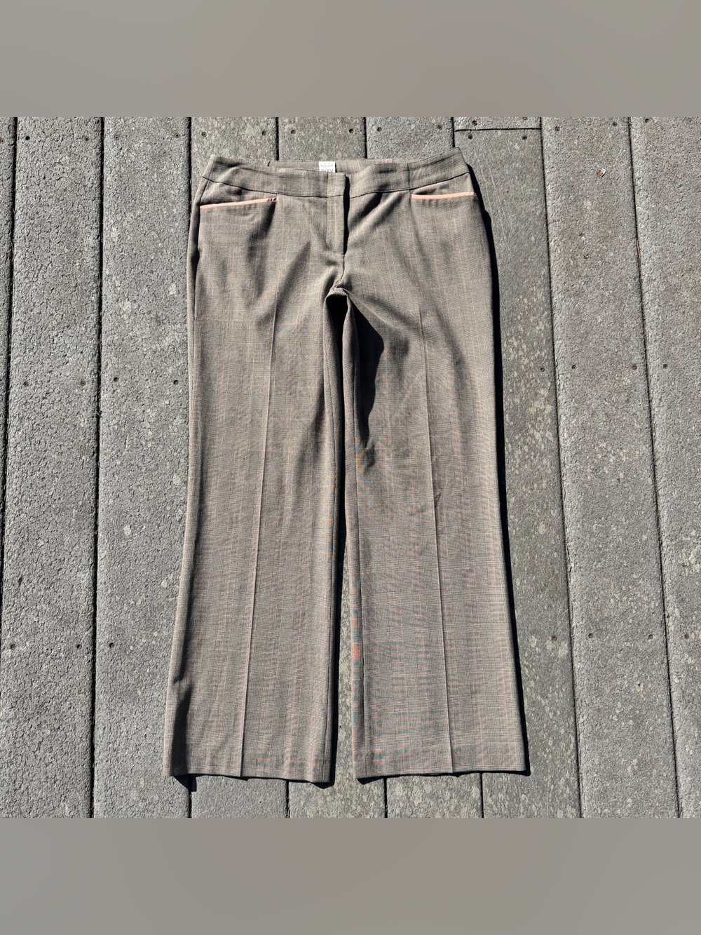 Vintage Tailored Gray Plaid Trousers with Pink Trim